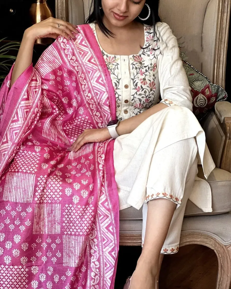 Elegant Khadi Cotton Embroidered Suit with Khadi Silk Dupatta – Timeless Class & Comfort